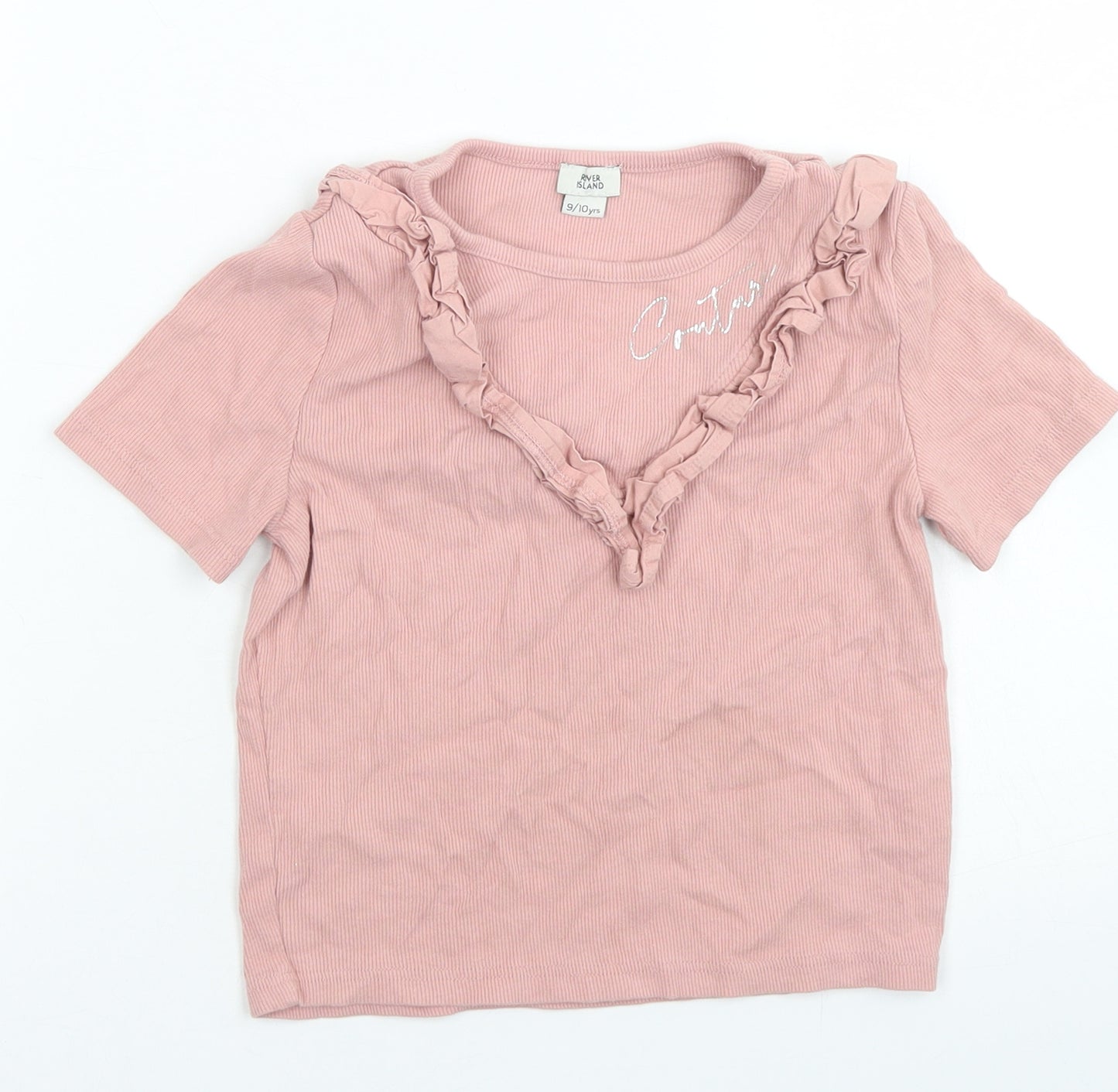 River Island Girls Pink  Cotton Cropped T-Shirt Size 9-10 Years Crew Neck