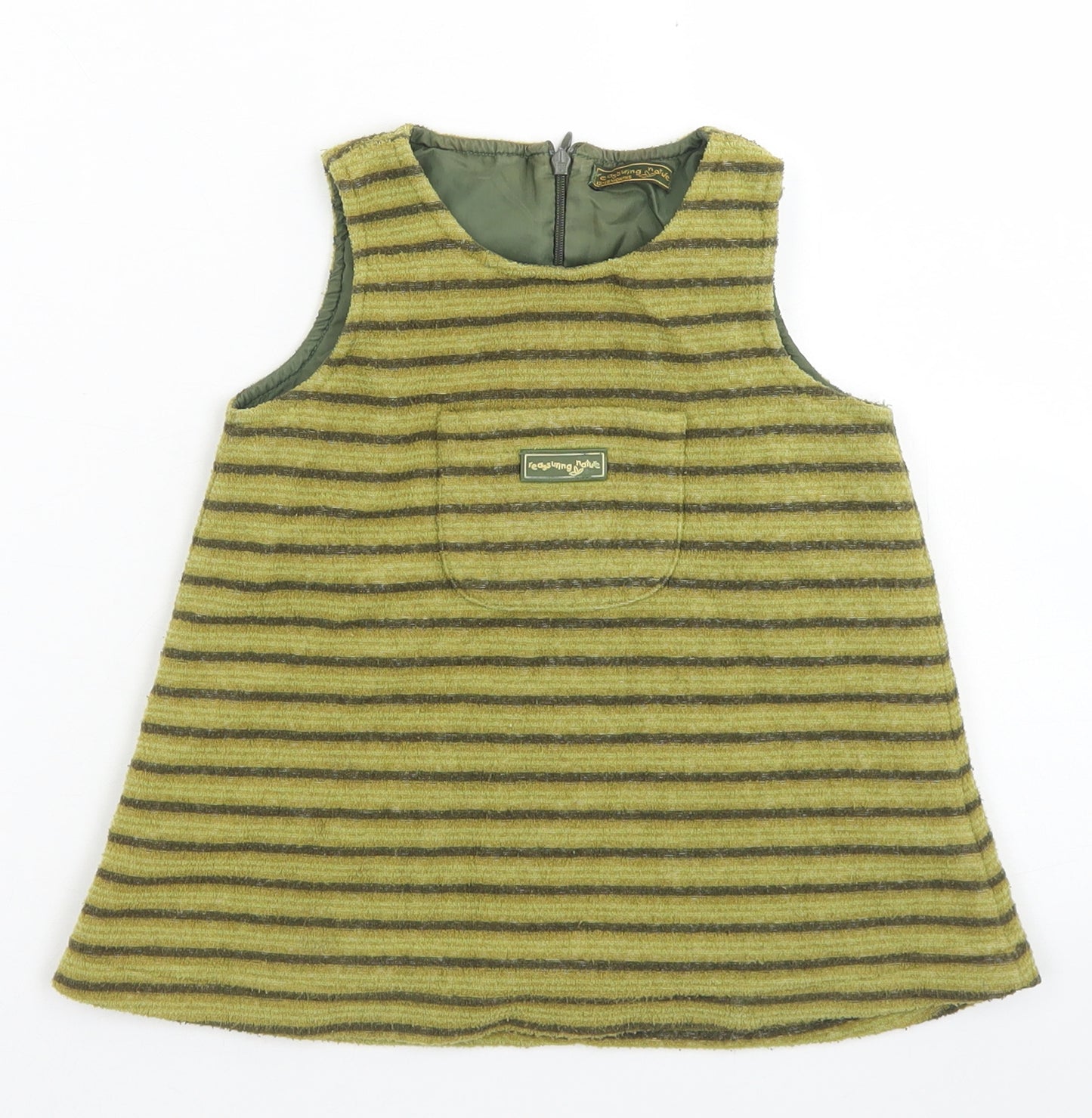 Reassuring Nature Girls Green Striped Polyester Pinafore/Dungaree Dress  Size 12-18 Months  Crew Neck Zip