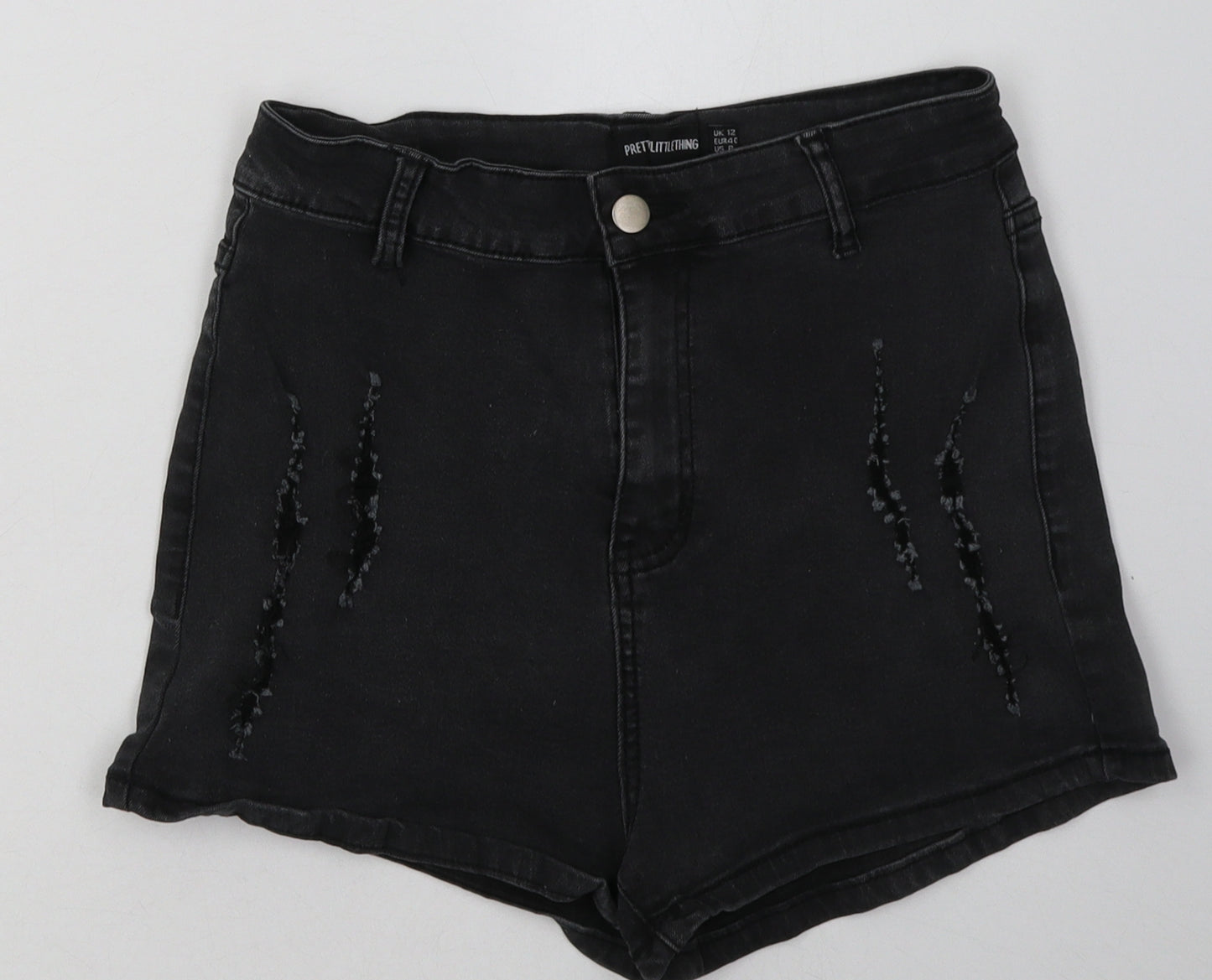 PRETTYLITTLETHING Womens Black  Cotton Bermuda Shorts Size 12 L5 in Regular Button