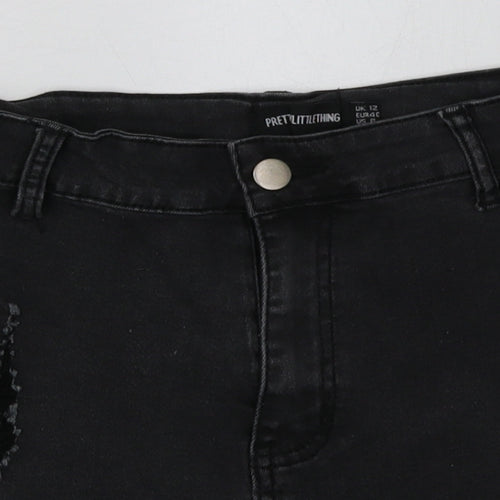 PRETTYLITTLETHING Womens Black  Cotton Bermuda Shorts Size 12 L5 in Regular Button