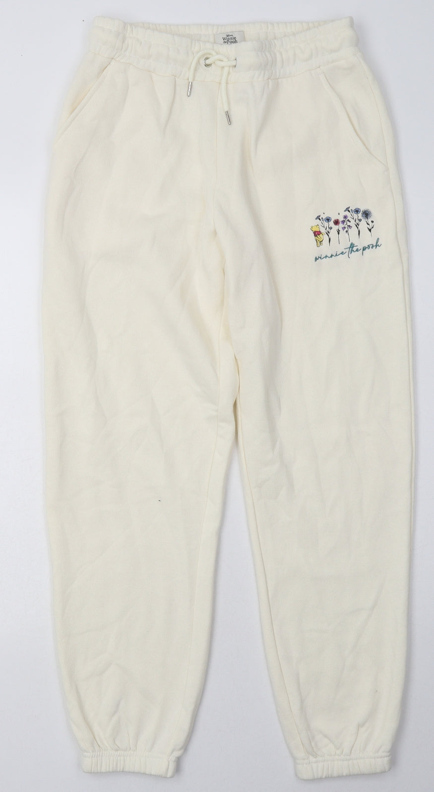 Primark Womens White  Cotton Jogger Trousers Size XS L28 in Relaxed Tie - Winnie The Pooh