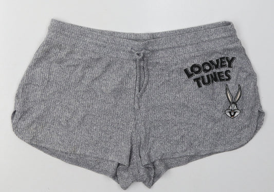 Front view of Primark women’s grey polyester sleep shorts, size M, tie - looney tunes