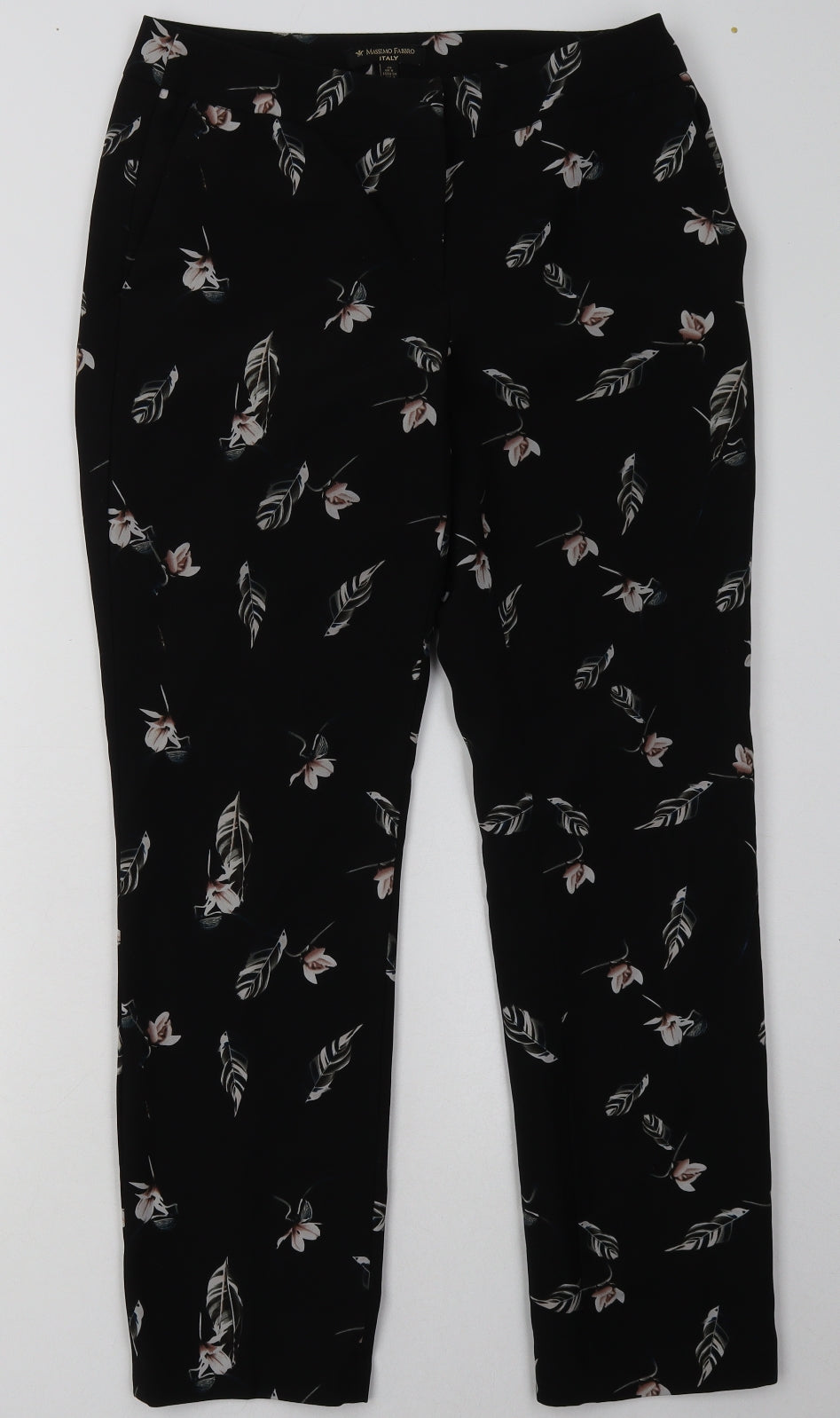 Massimo Dutti Womens Black Floral Polyester Trousers  Size 8 L30 in Regular Hook & Eye