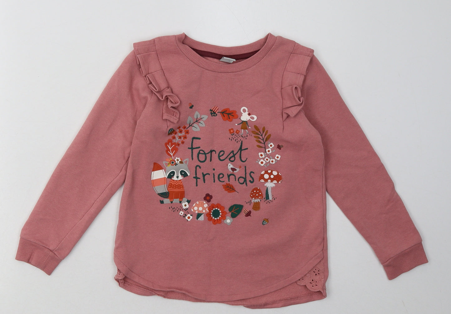 sainsburys Girls Pink  Cotton Basic Casual Size 5-6 Years Crew Neck Pullover - forest friends