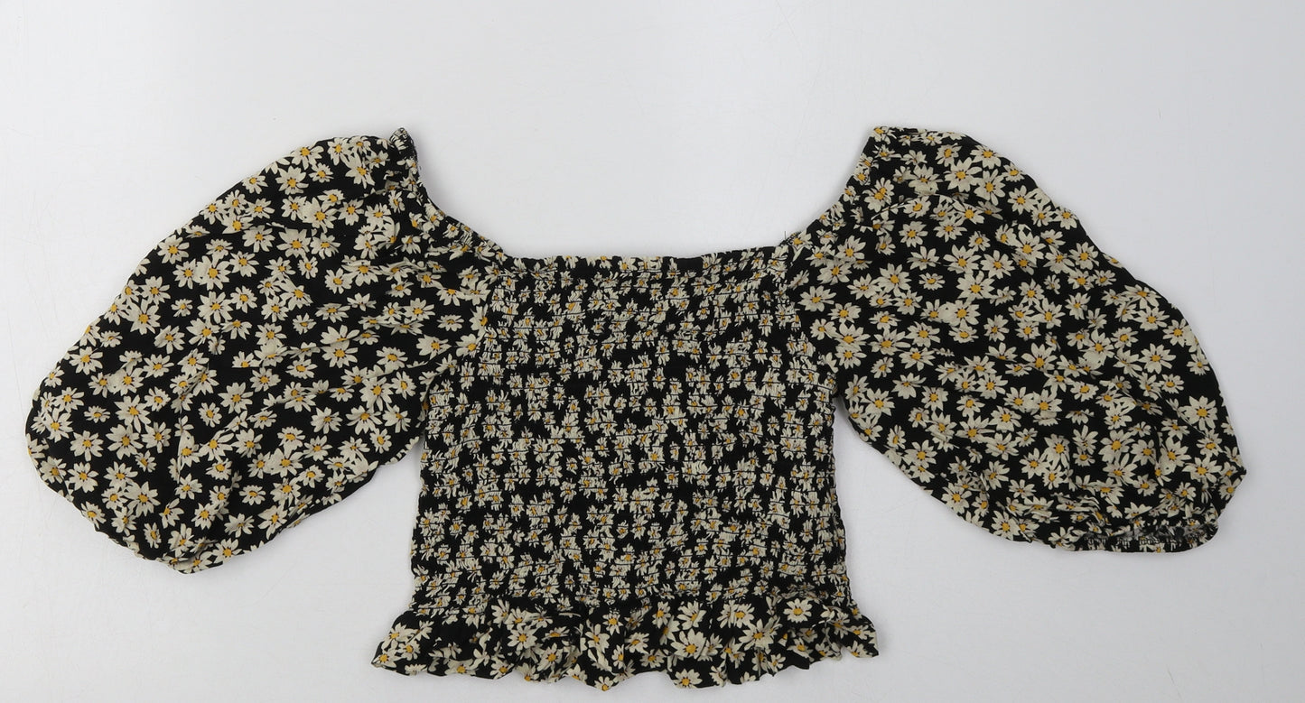 New Look Womens Black Floral Viscose Basic T-Shirt Size 10 Off the Shoulder