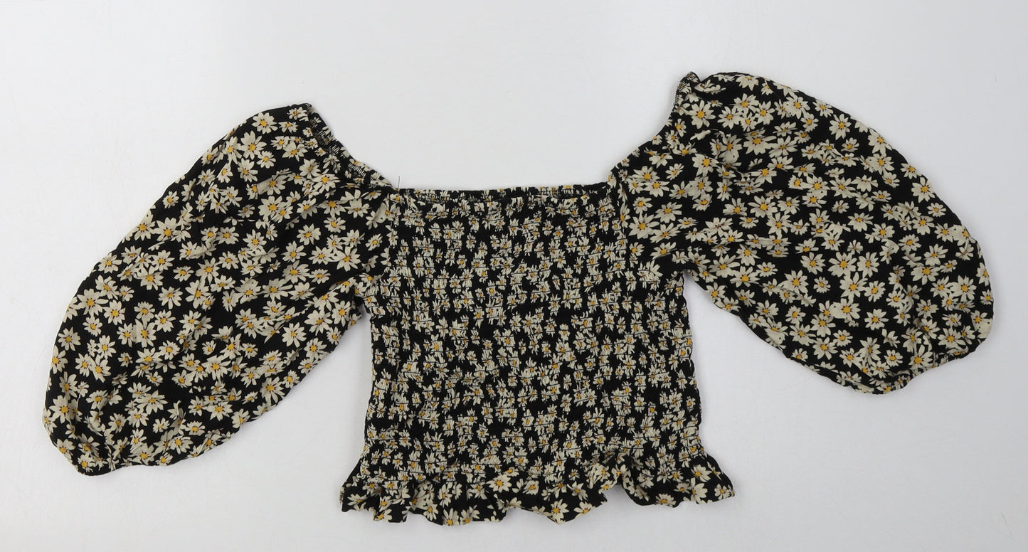 New Look Womens Black Floral Viscose Basic T-Shirt Size 10 Off the Shoulder