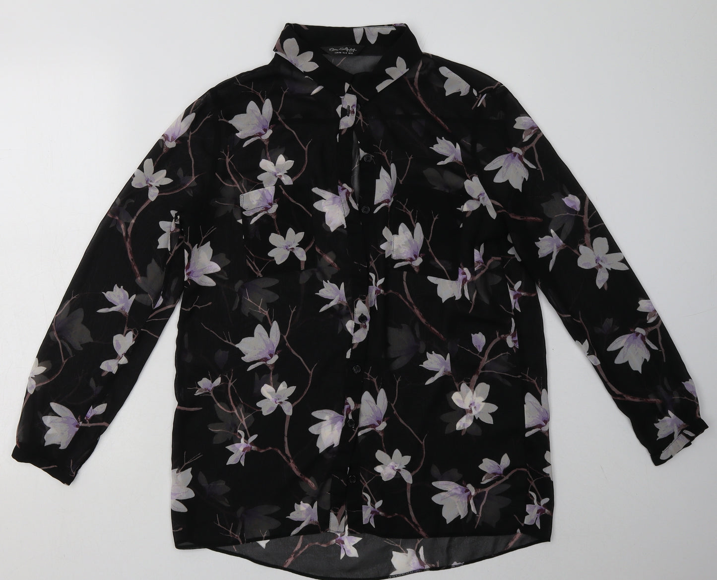 Miss Selfridge Womens Black Floral Polyester Basic Button-Up Size 12 Collared