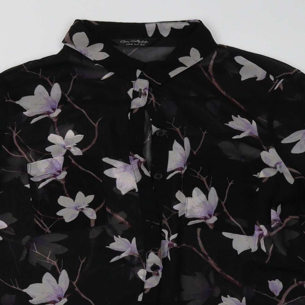 Miss Selfridge Womens Black Floral Polyester Basic Button-Up Size 12 Collared