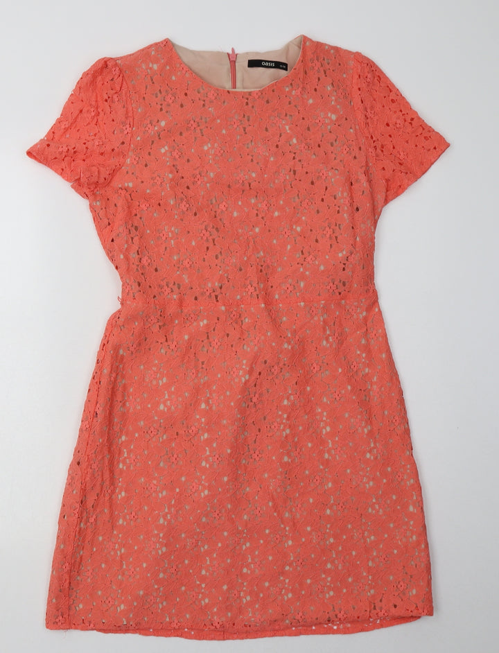 Oasis Womens Pink Floral Cotton A-Line Size 12 Crew Neck Zip
