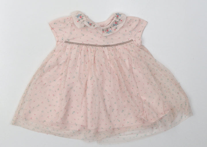 ext Girls Pink Floral Cotton A-Line Size 3-6 Months Crew Neck Button