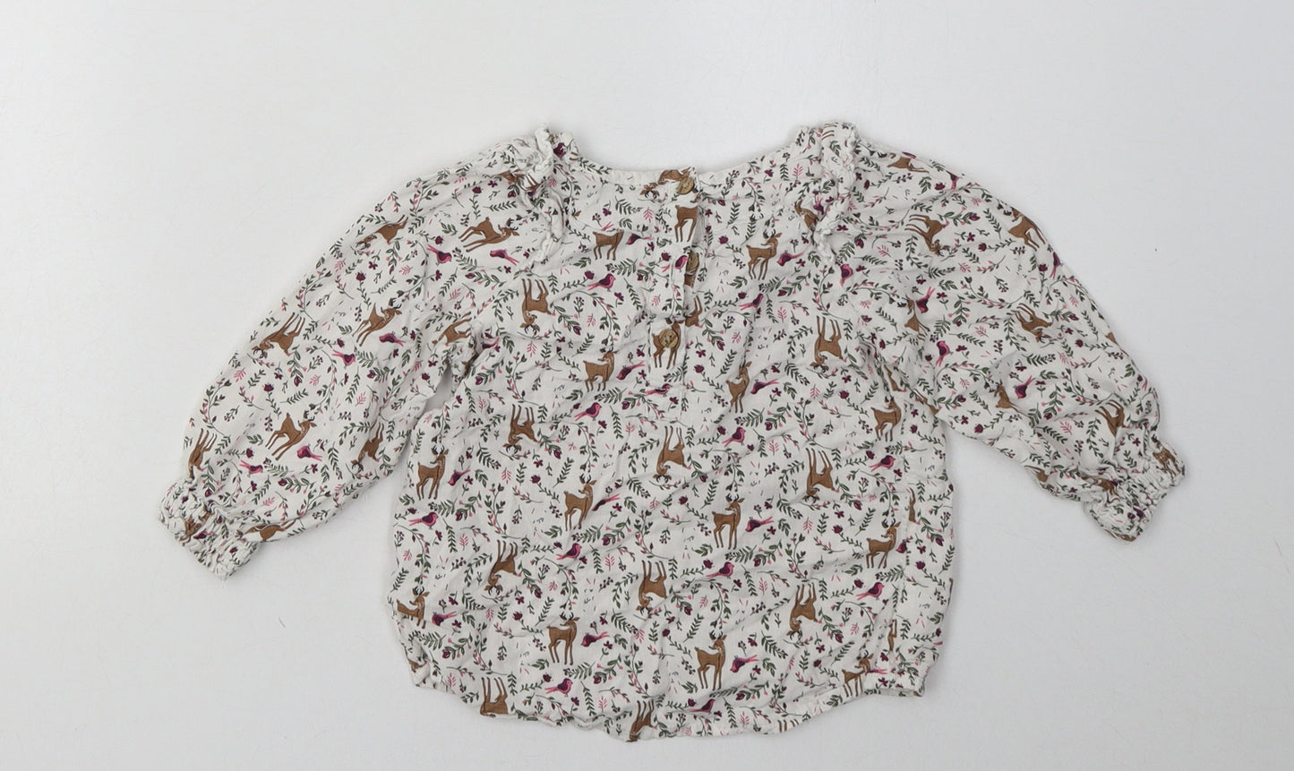 Matalan Girls White Geometric Viscose Basic Casual Size 12-18 Months Crew Neck Button