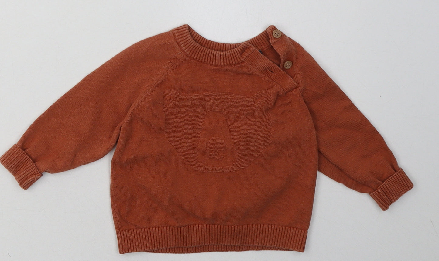 Mothercare Boys Brown  Cotton Basic Casual Size 9-12 Months Crew Neck Button - Bear