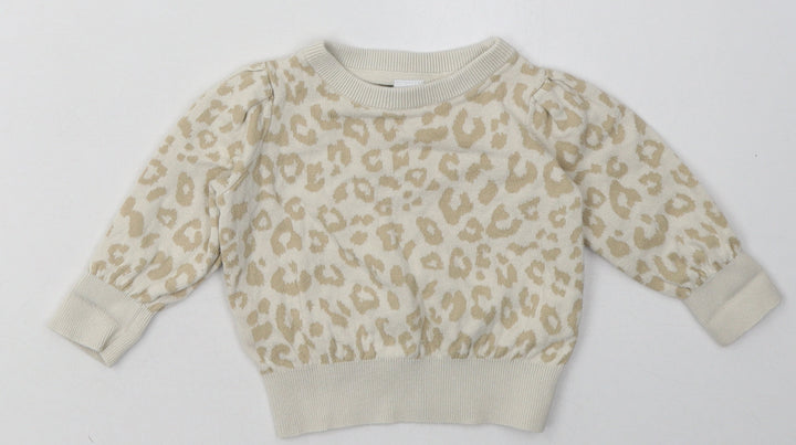 Gap Girls Beige Animal Print Cotton Basic Casual Size 12-18 Months Crew Neck Pullover