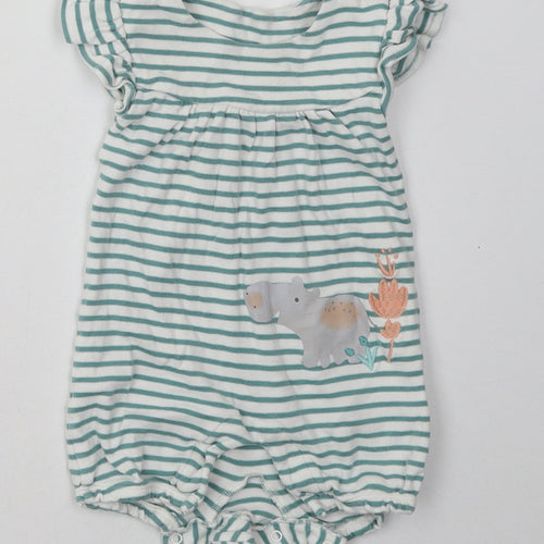Marks and Spencer Baby Green Striped Cotton Babygrow One-Piece Size 6-9 Months  Buckle