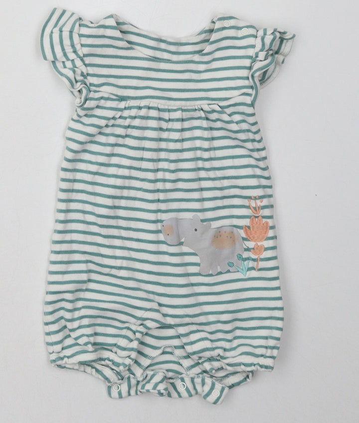 Marks and Spencer Baby Green Striped Cotton Babygrow One-Piece Size 6-9 Months Buckle