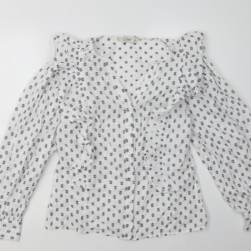 F&F Womens White Geometric Cotton Basic Button-Up Size 8 V-Neck