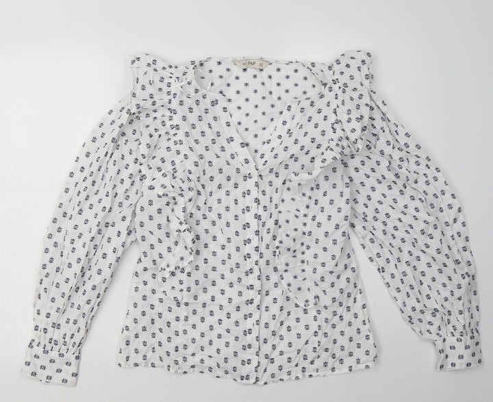 F&F Womens White Geometric Cotton Basic Button-Up Size 8 V-Neck
