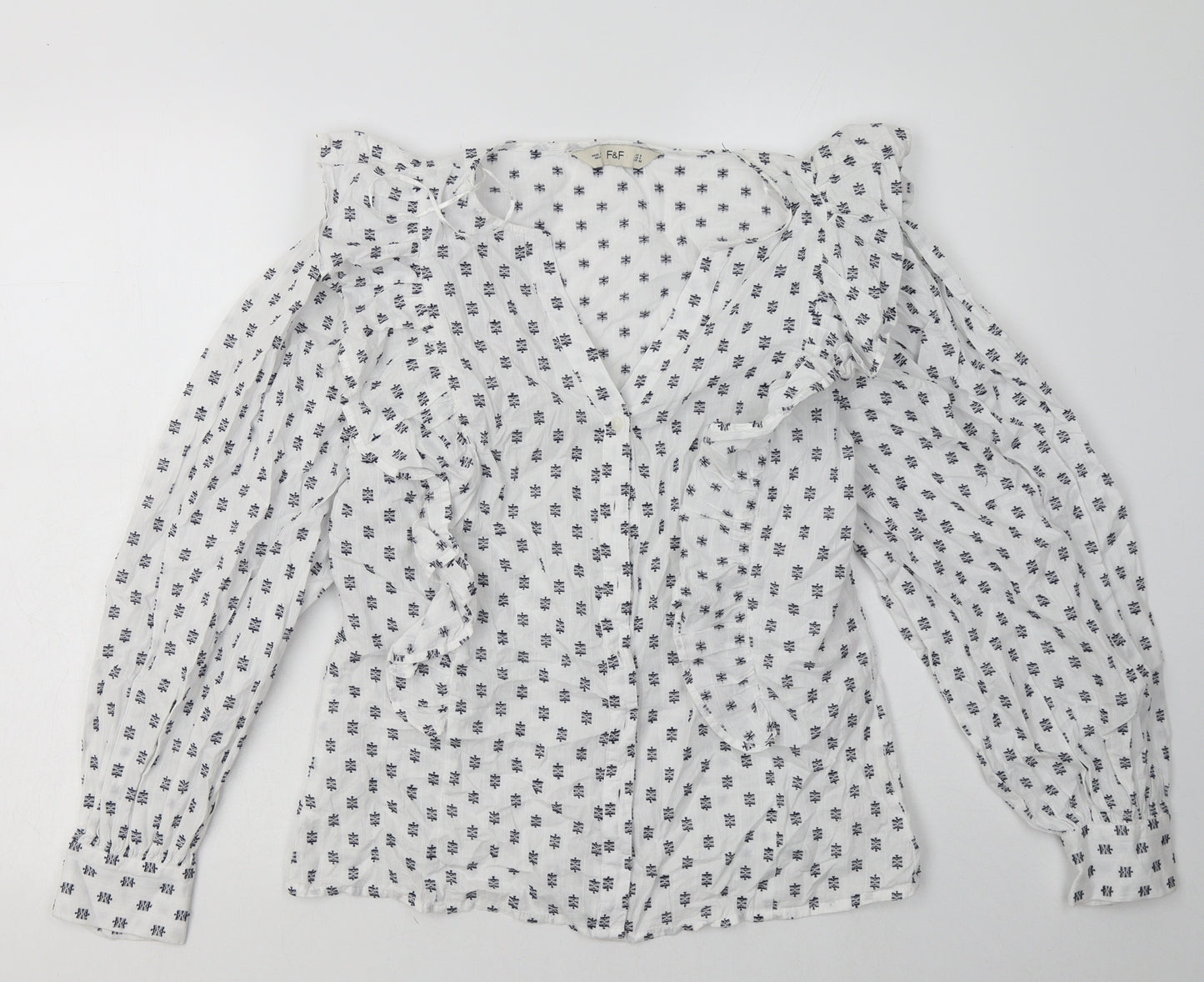 F&F Womens White Geometric Cotton Basic Button-Up Size 8 V-Neck