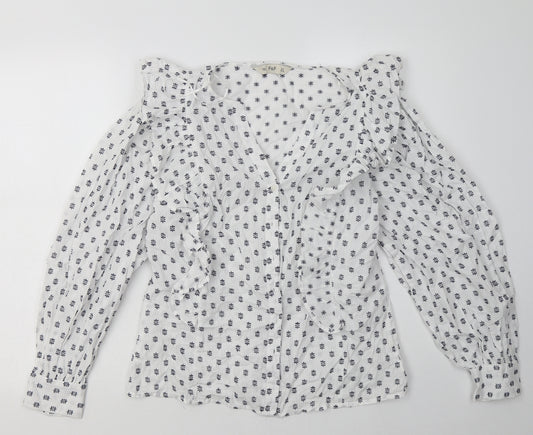 Front view of F&F women’s white geometric cotton basic button-up, size UK 8, v-neck