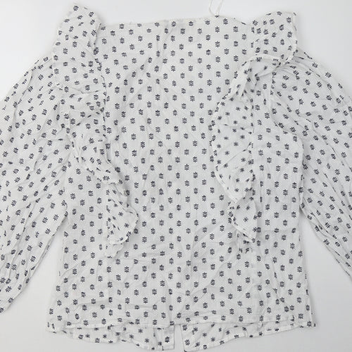 F&F Womens White Geometric Cotton Basic Button-Up Size 8 V-Neck