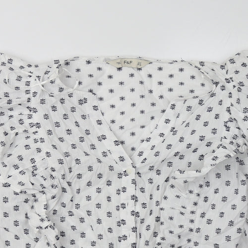 F&F Womens White Geometric Cotton Basic Button-Up Size 8 V-Neck