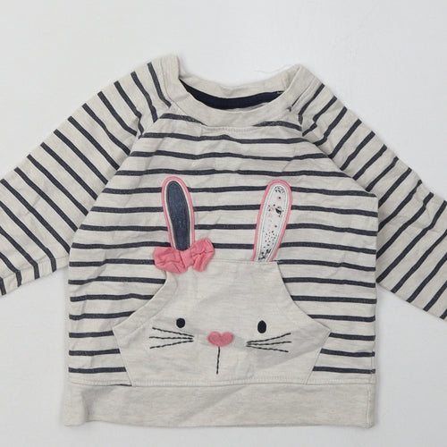 Young Dimension Girls Grey Striped Cotton Basic Casual Size 12-18 Months Crew Neck Pullover - Rabbit