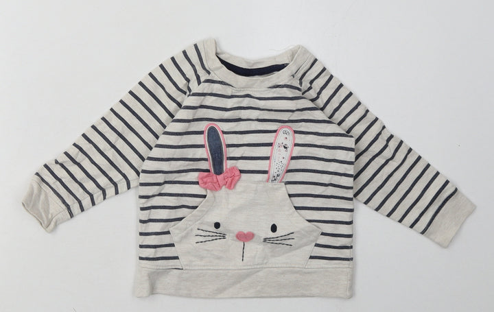 Young Dimension Girls Grey Striped Cotton Basic Casual Size 12-18 Months Crew Neck Pullover - Rabbit