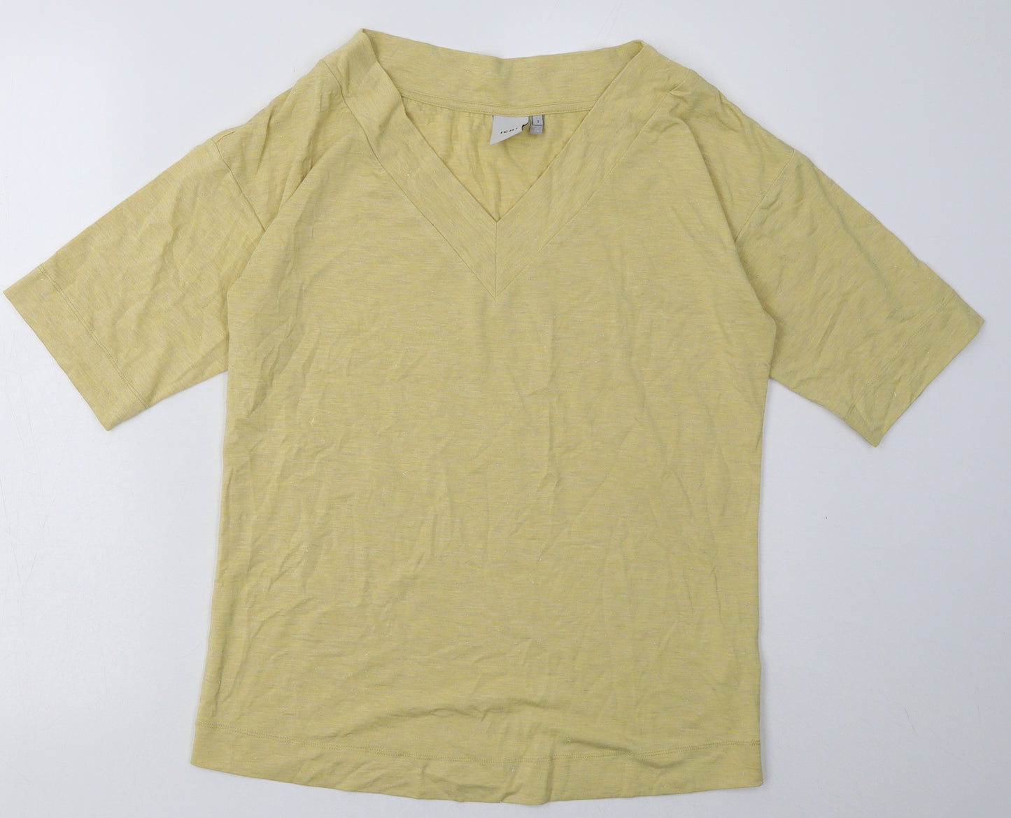 ICHI Womens Yellow  Polyester Basic T-Shirt Size S V-Neck