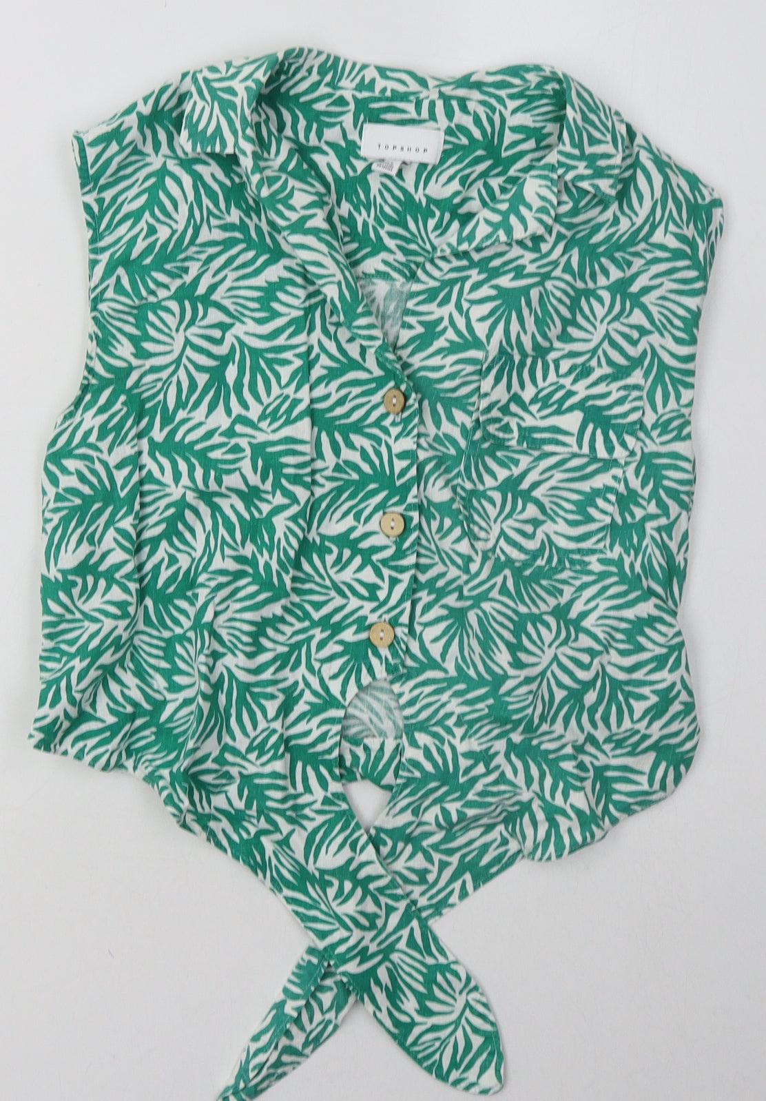 Topshop Womens Green Camouflage Linen Basic Button-Up Size 6 Collared