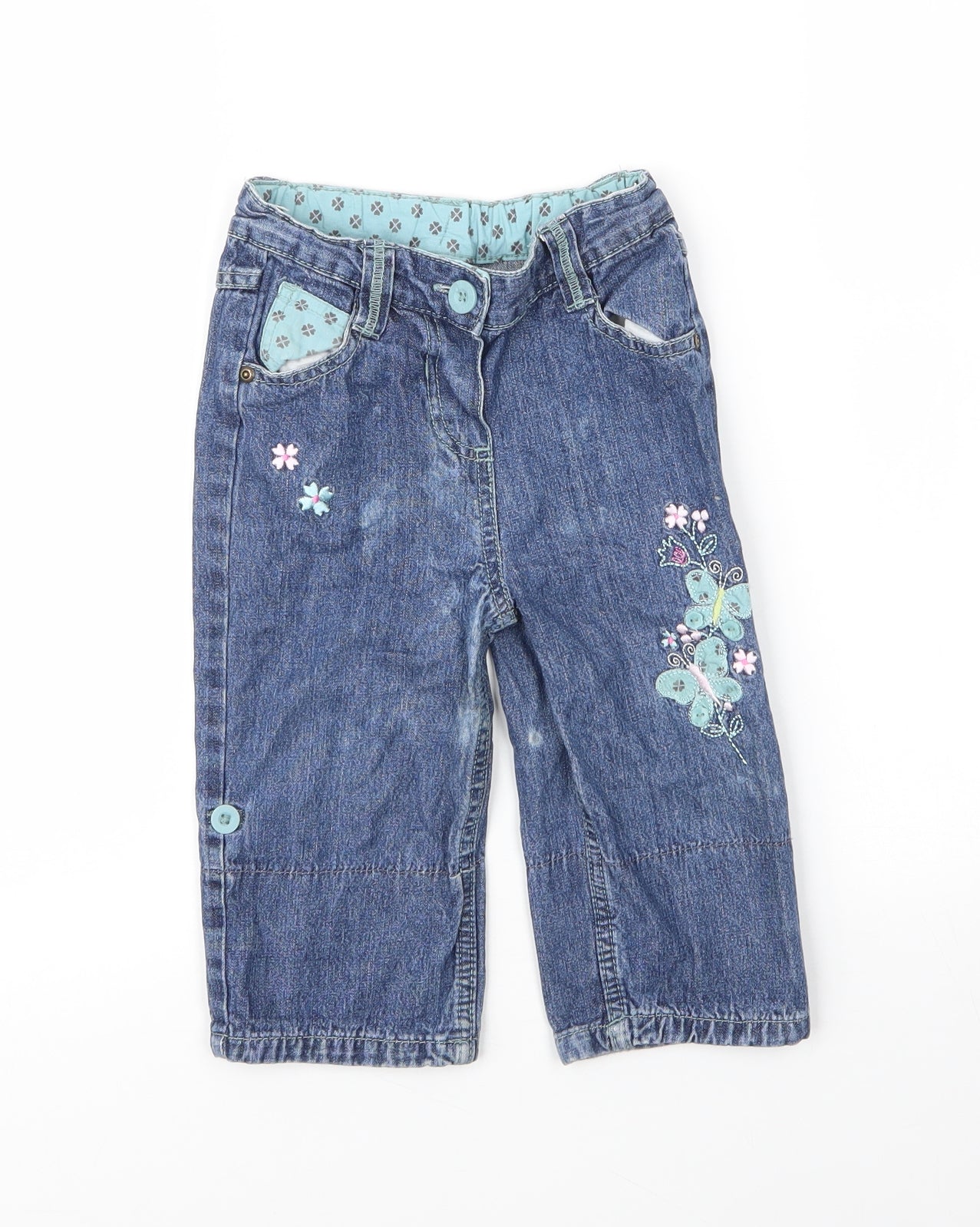 Cherokee Girls Blue Floral Cotton Capri Jeans Size 18-24 Months  Zip - Butterflies