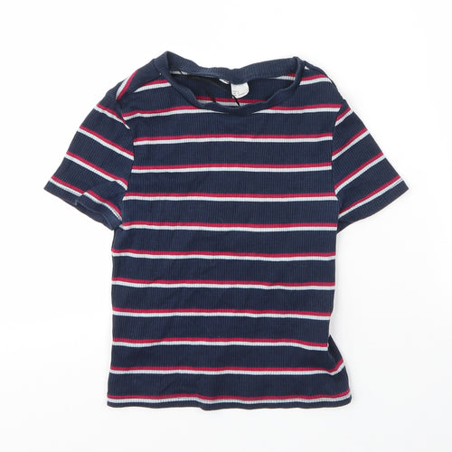 H&M Womens Blue Striped Cotton Basic T-Shirt Size S Round Neck