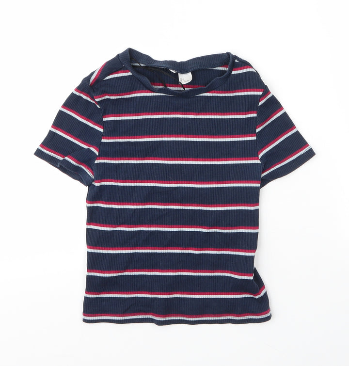 H&M Womens Blue Striped Cotton Basic T-Shirt Size S Round Neck