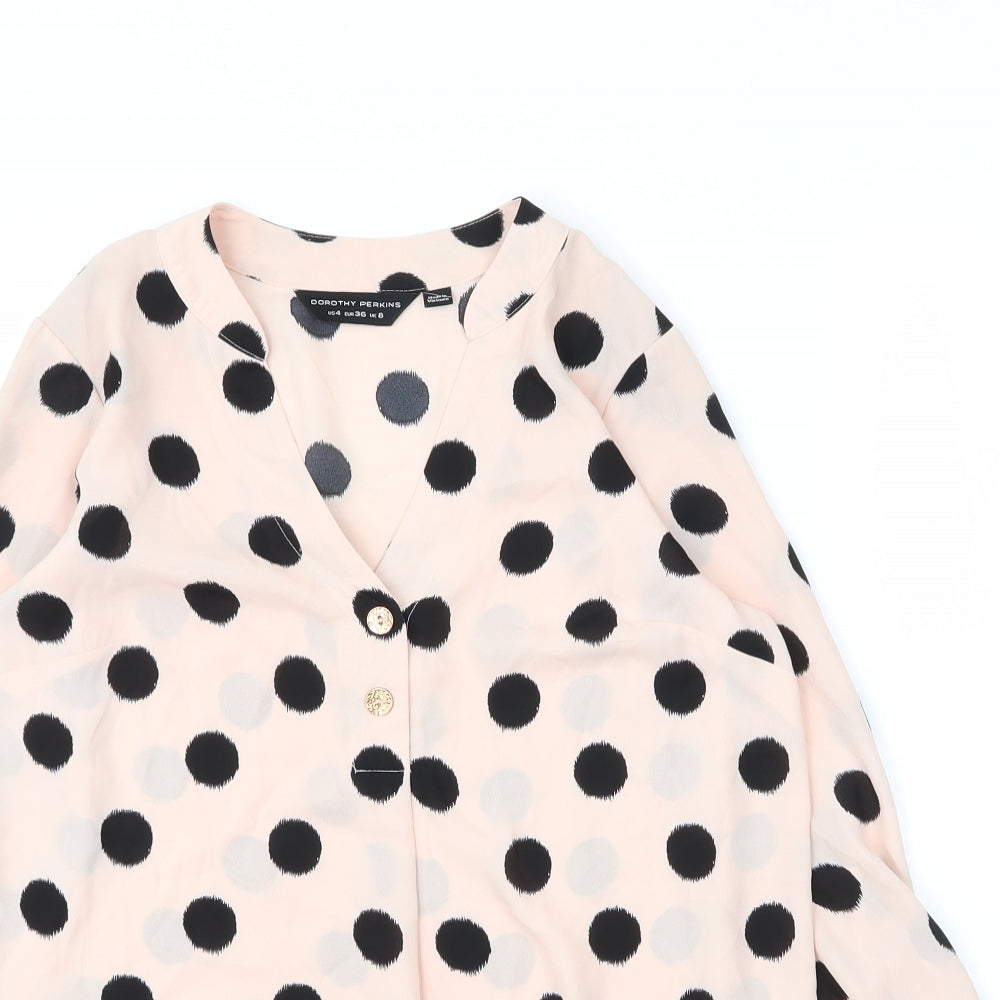 Dorothy Perkins Womens Pink Polka Dot Polyester Basic Blouse Size 8 V-Neck