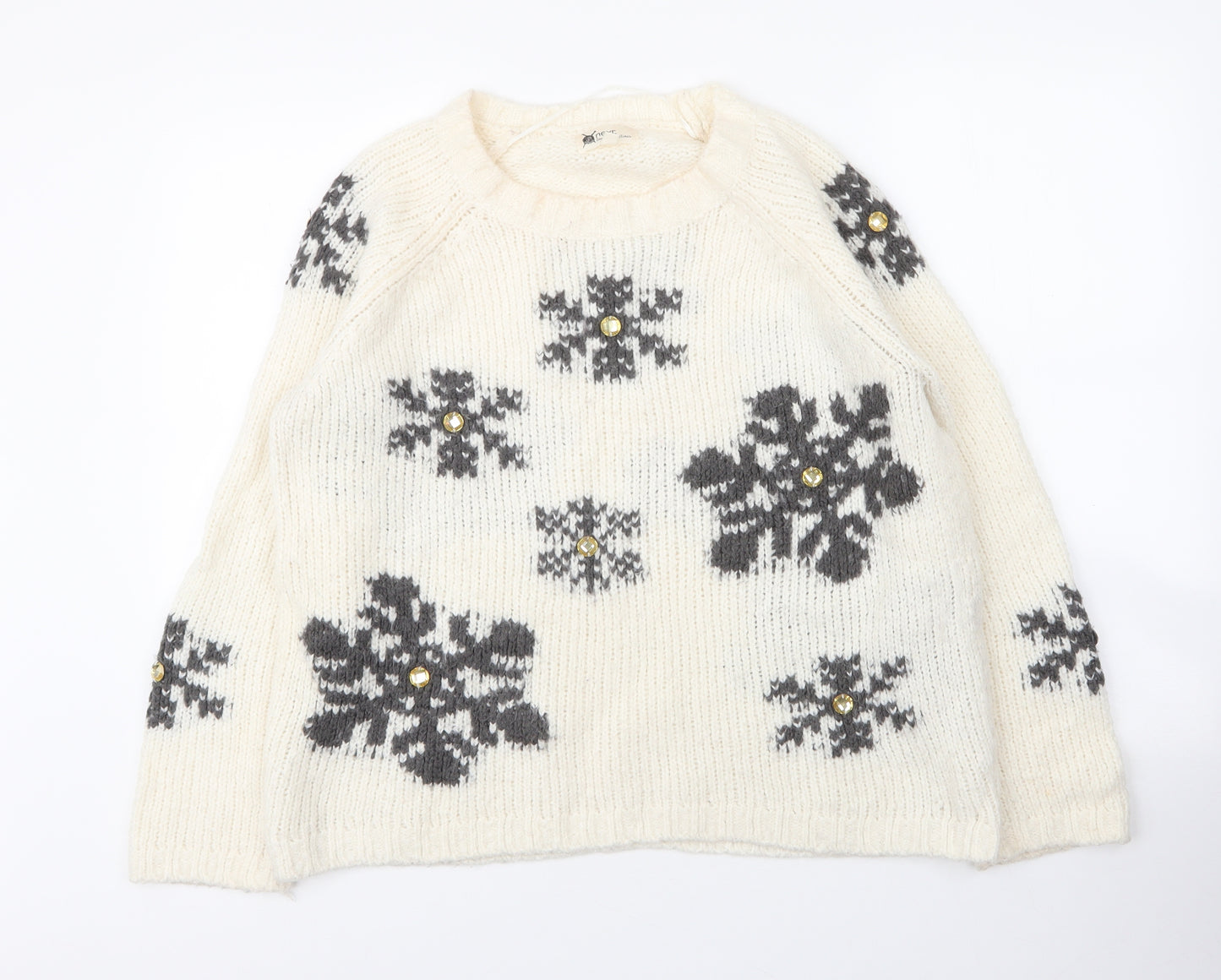 NEXT Womens White Round Neck Fair Isle Acrylic Pullover Jumper Size 14   - Christmas
