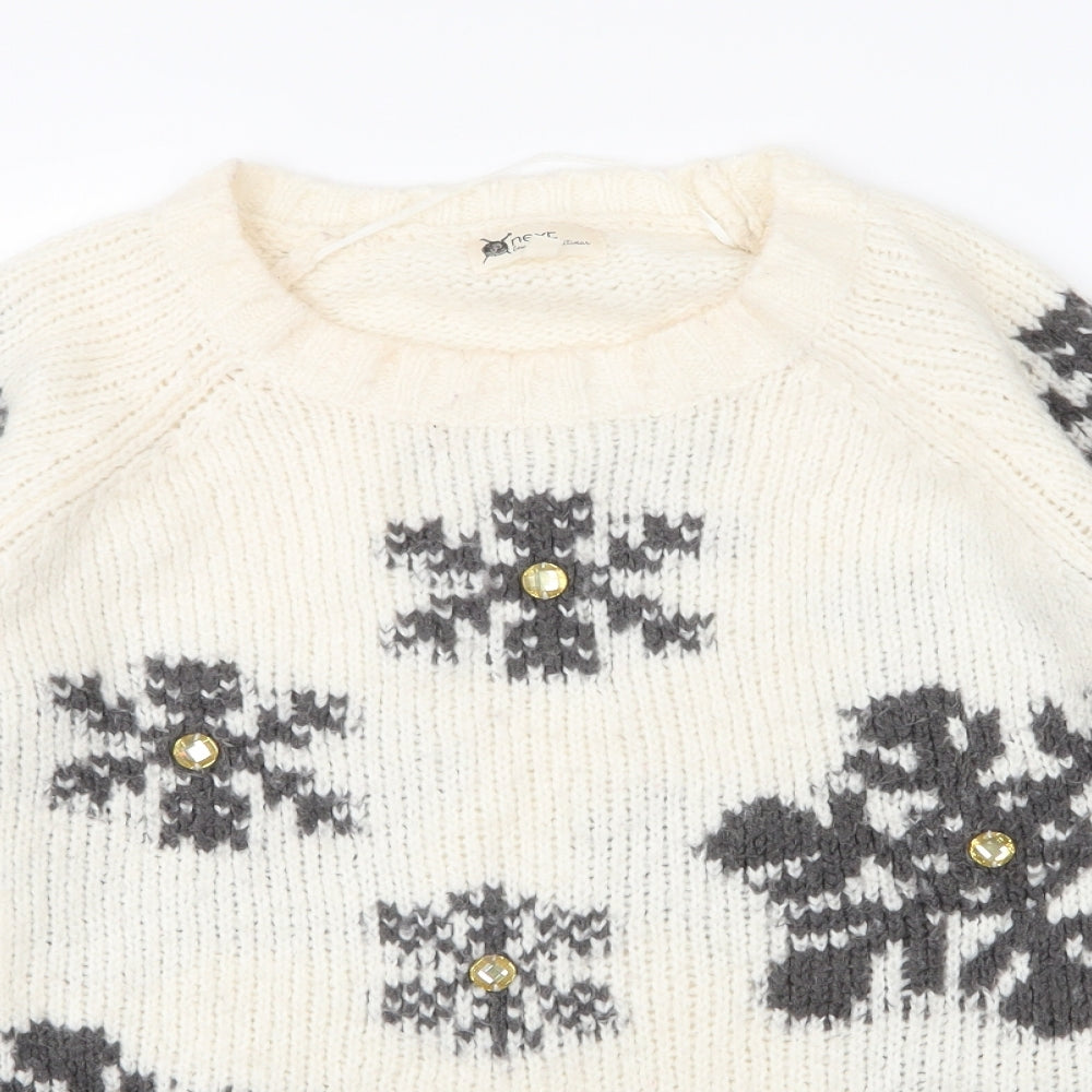 NEXT Womens White Round Neck Fair Isle Acrylic Pullover Jumper Size 14   - Christmas