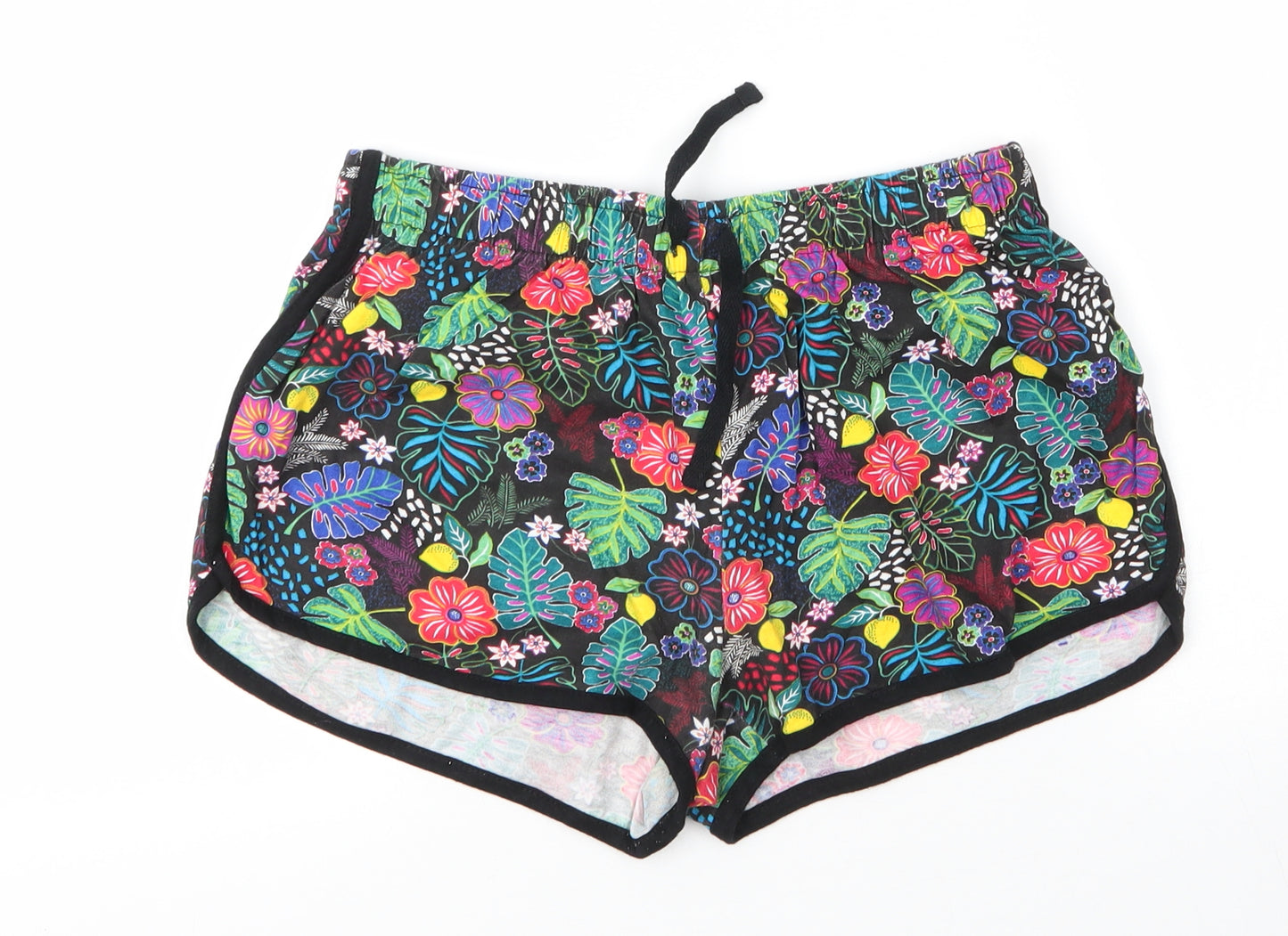 Primark Womens Black Floral Cotton Cut-Off Shorts Size 10  Regular Drawstring