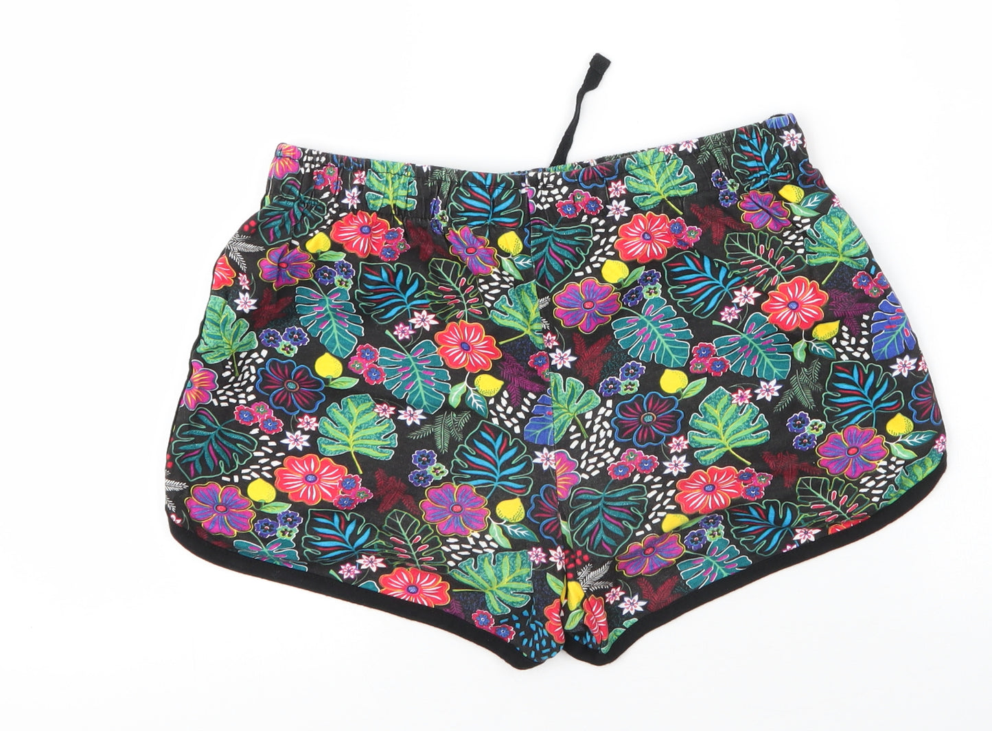 Primark Womens Black Floral Cotton Cut-Off Shorts Size 10  Regular Drawstring