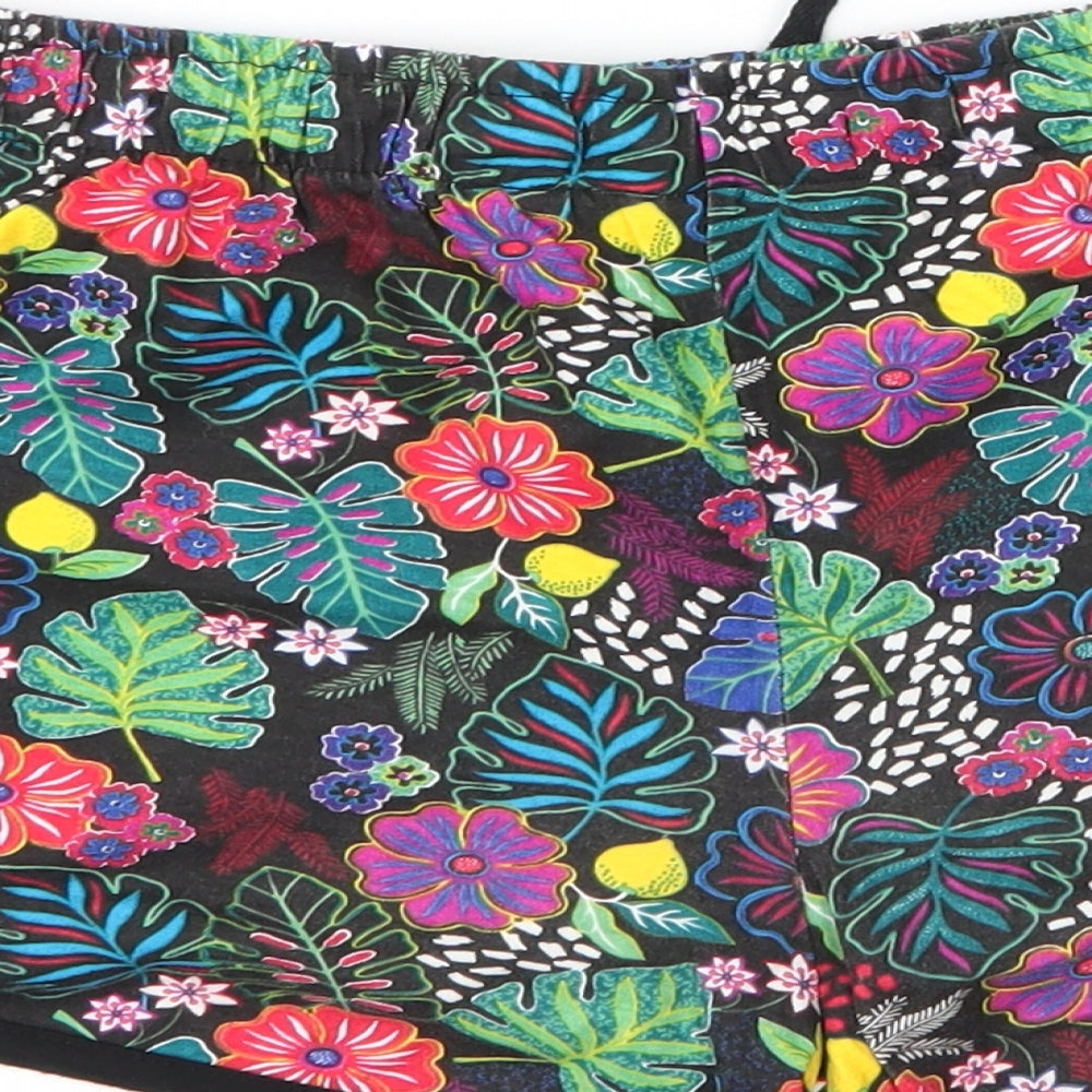 Primark Womens Black Floral Cotton Cut-Off Shorts Size 10  Regular Drawstring