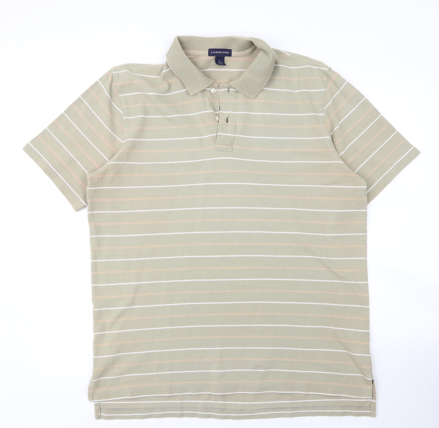 Lands' End Mens Beige Striped Cotton  Polo Size L Collared Button