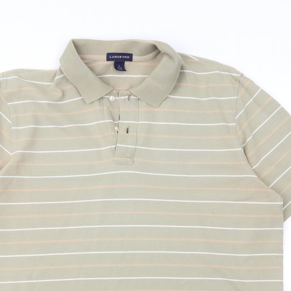 Lands' End Mens Beige Striped Cotton  Polo Size L Collared Button