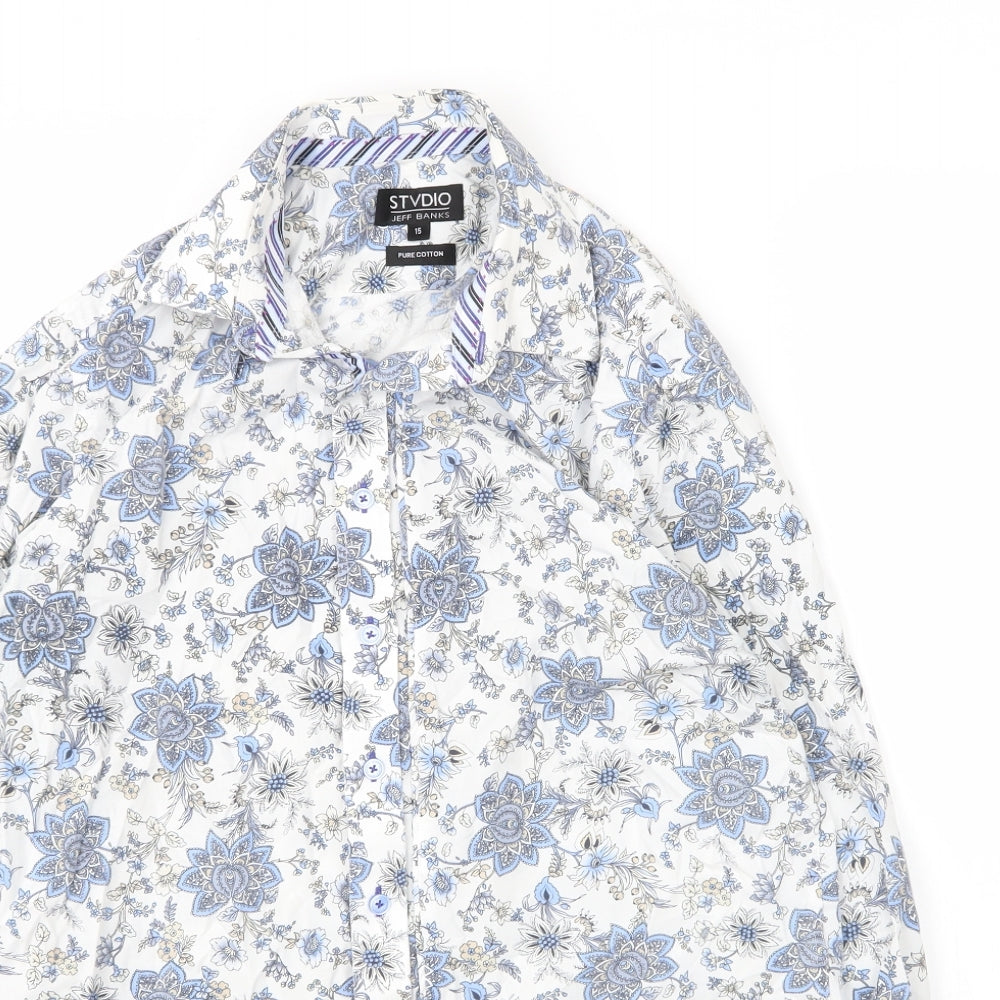 Jeff Banks Mens Blue Paisley Cotton  Button-Up Size 15 Collared Button