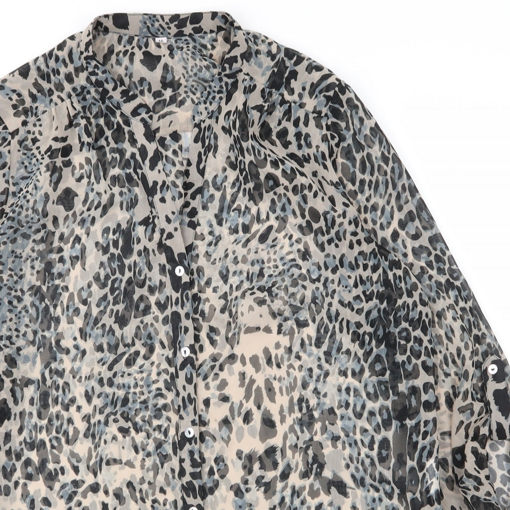 Preworn Womens Beige Animal Print Polyester Basic Blouse Size 16 V-Neck - Leopard print