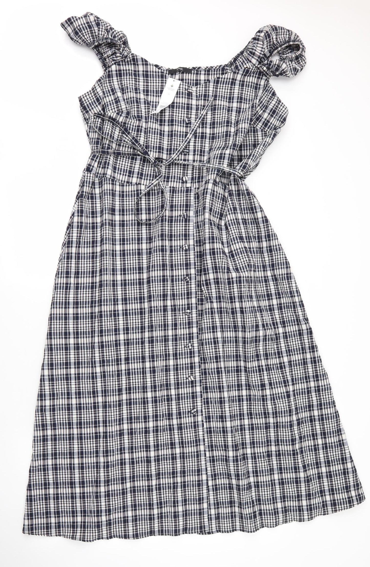 George Womens Blue Check Cotton A-Line  Size 16  Boat Neck