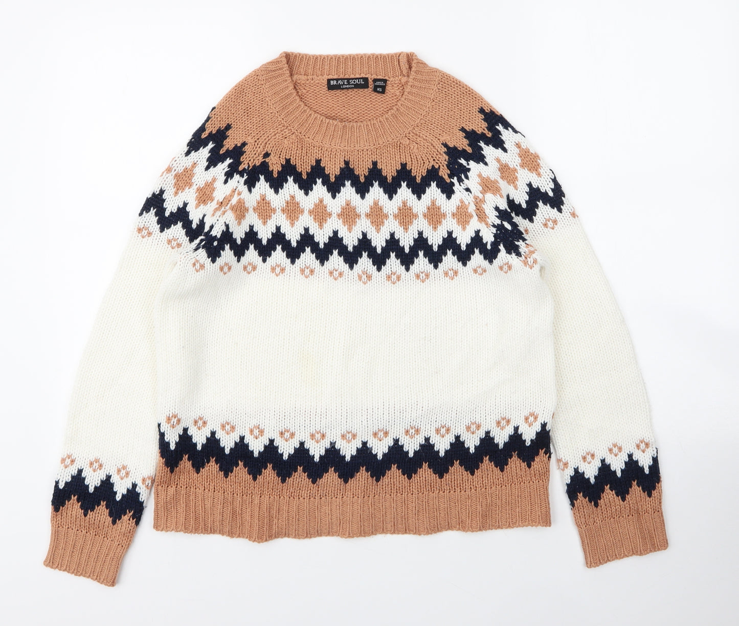 Brave Soul Mens Beige Round Neck Fair Isle Acrylic Pullover Jumper Size XS