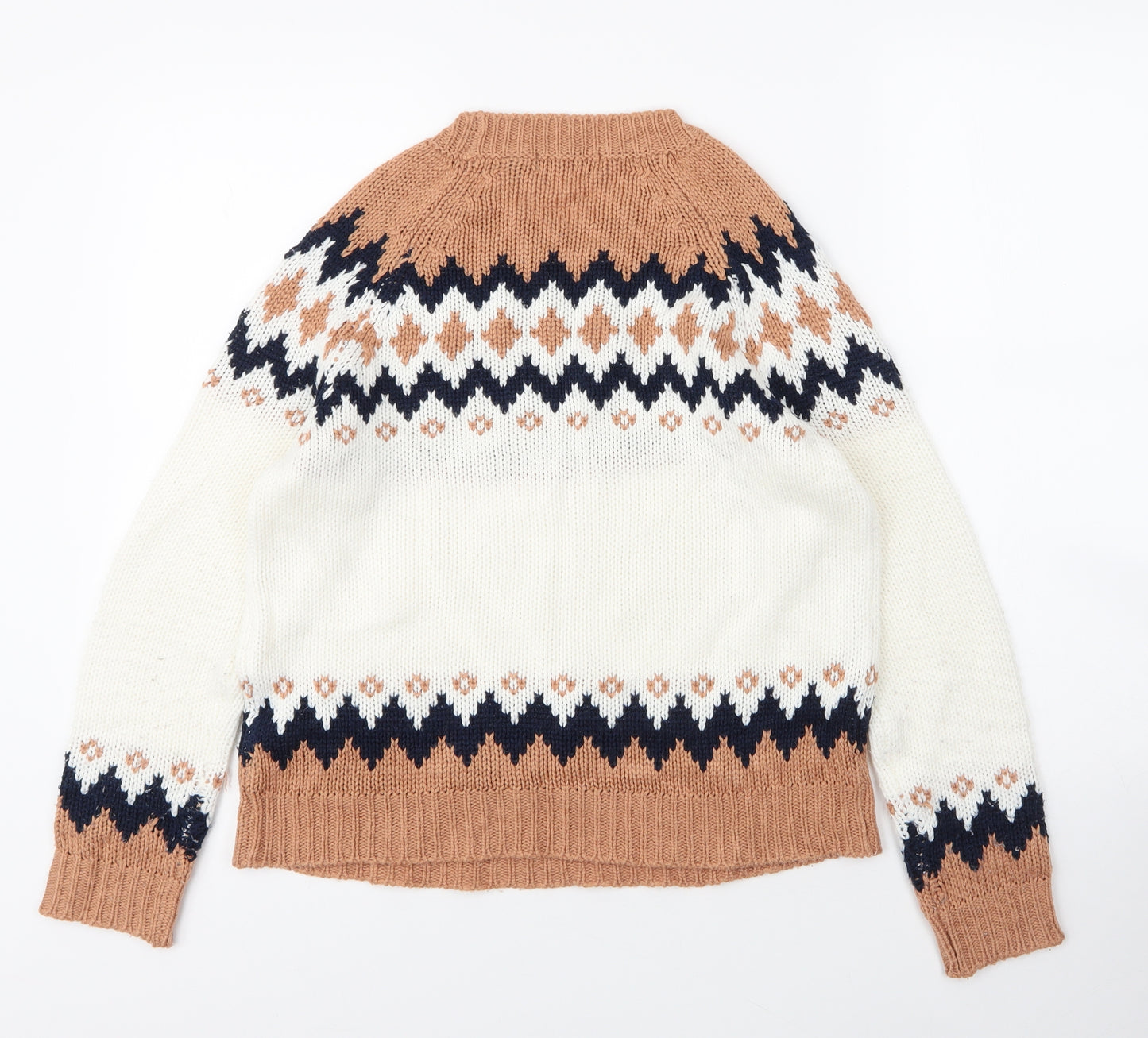 Brave Soul Mens Beige Round Neck Fair Isle Acrylic Pullover Jumper Size XS