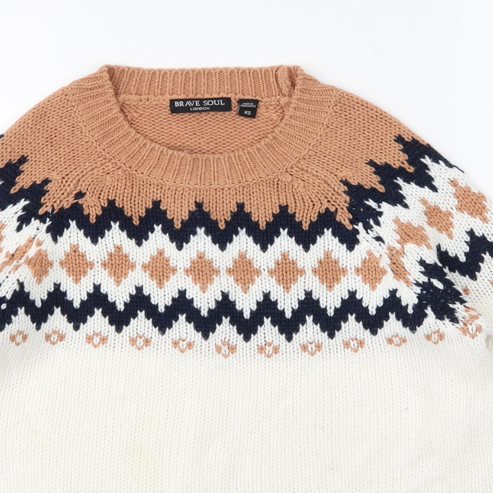 Brave Soul Mens Beige Round Neck Fair Isle Acrylic Pullover Jumper Size XS
