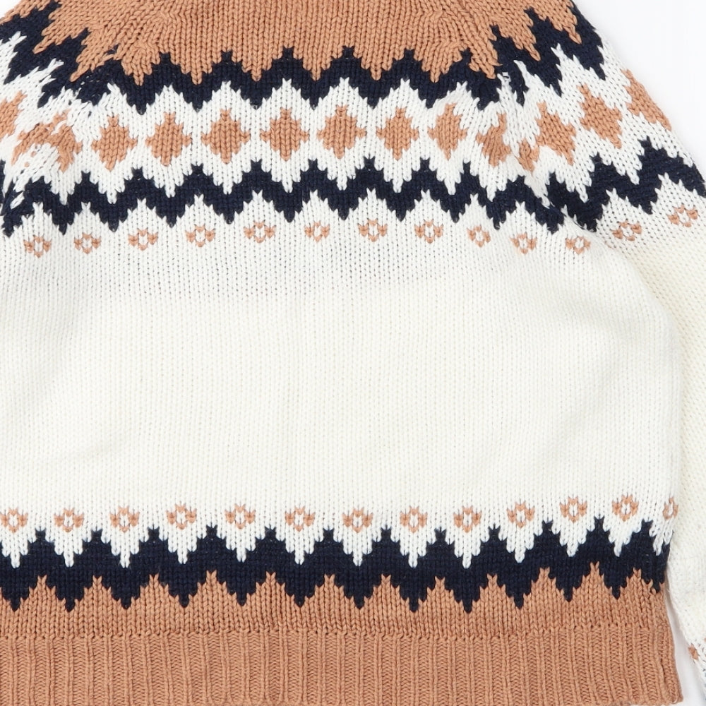 Brave Soul Mens Beige Round Neck Fair Isle Acrylic Pullover Jumper Size XS