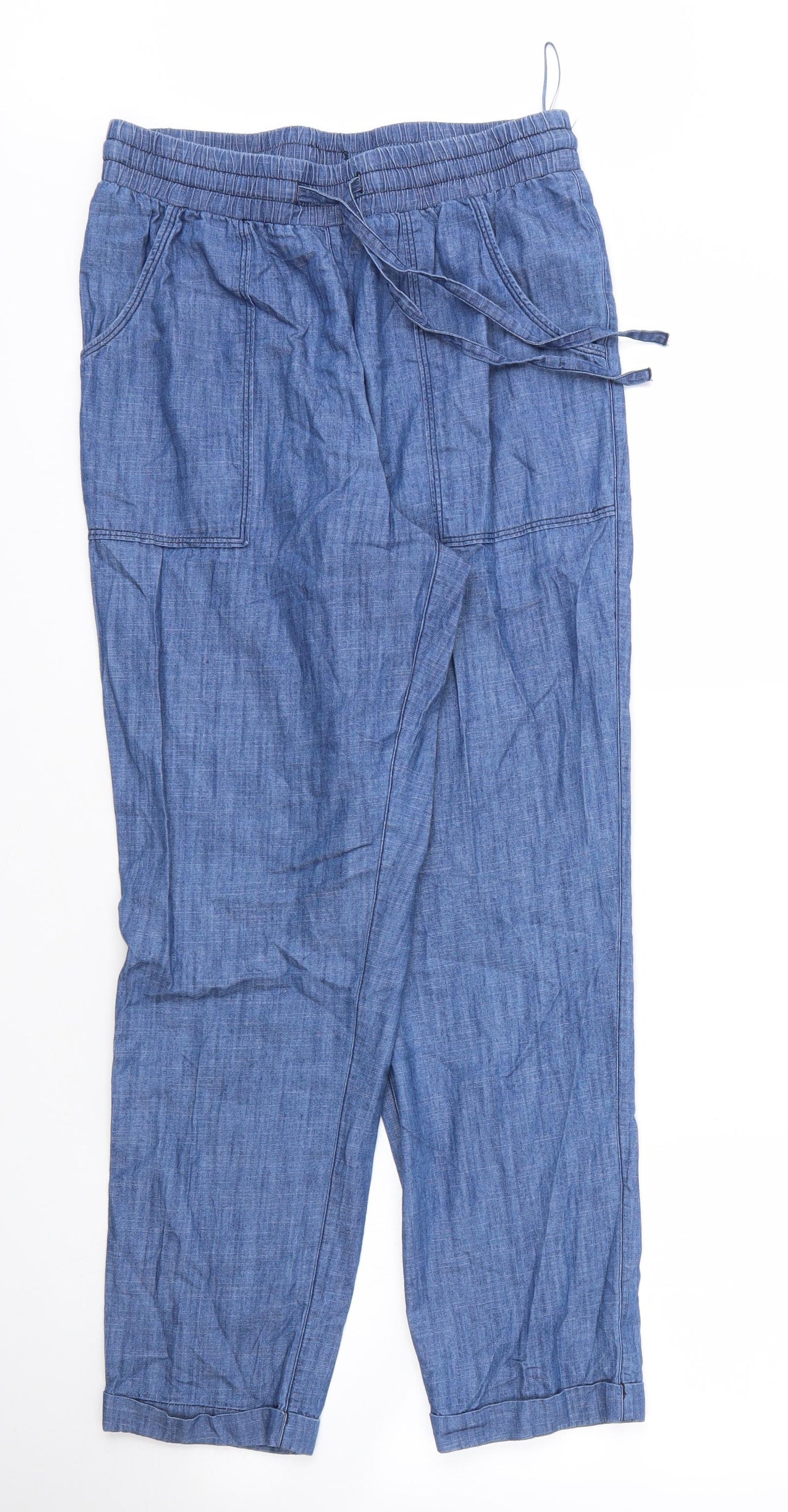 Bonmarché Womens Blue  Cotton Trousers  Size 10 L26 in Regular Drawstring