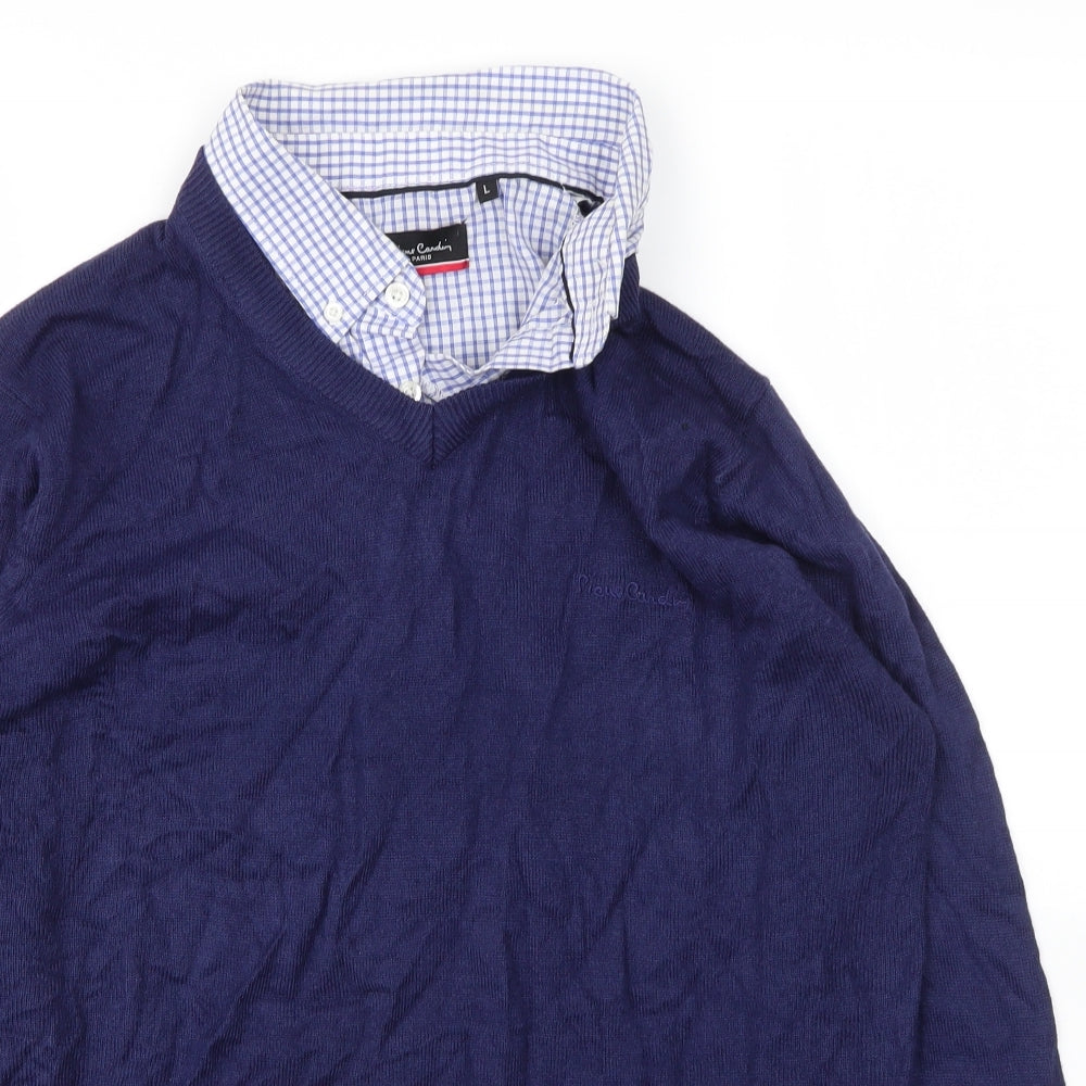 Pierre Cardin Mens Blue Collared  Acrylic Pullover Jumper Size L