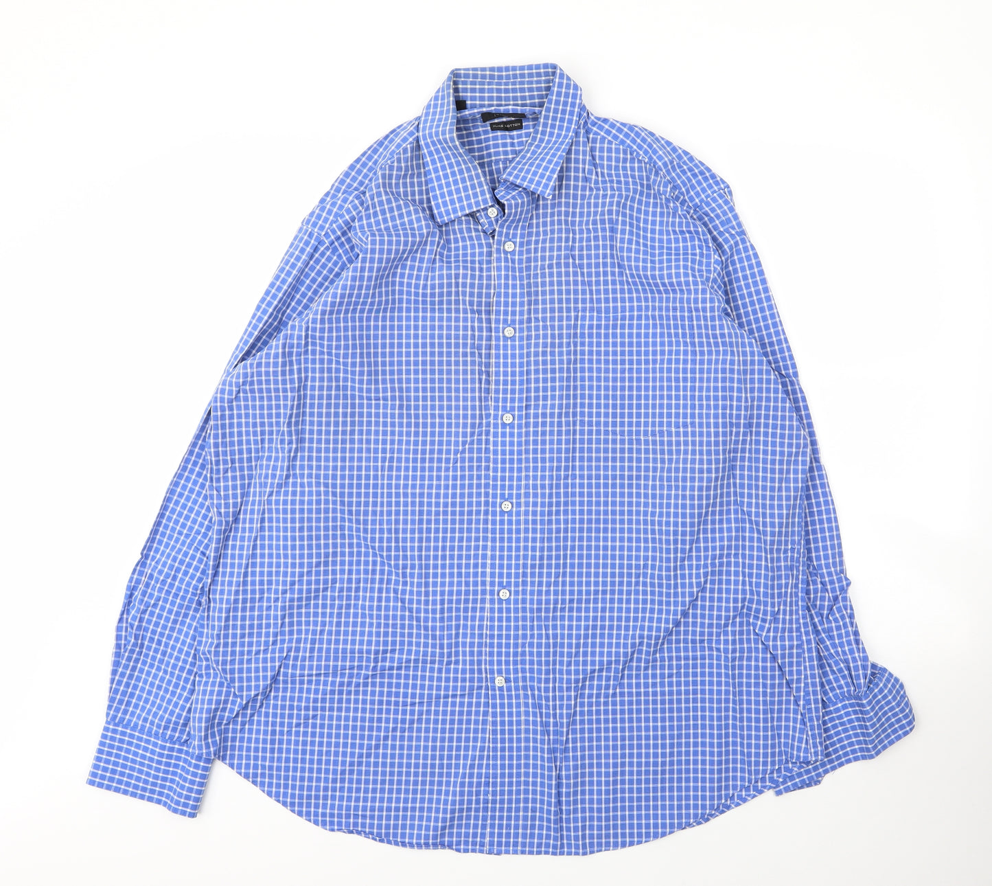 NEXT Mens Blue Check Cotton  Button-Up Size 17.5 Collared Button